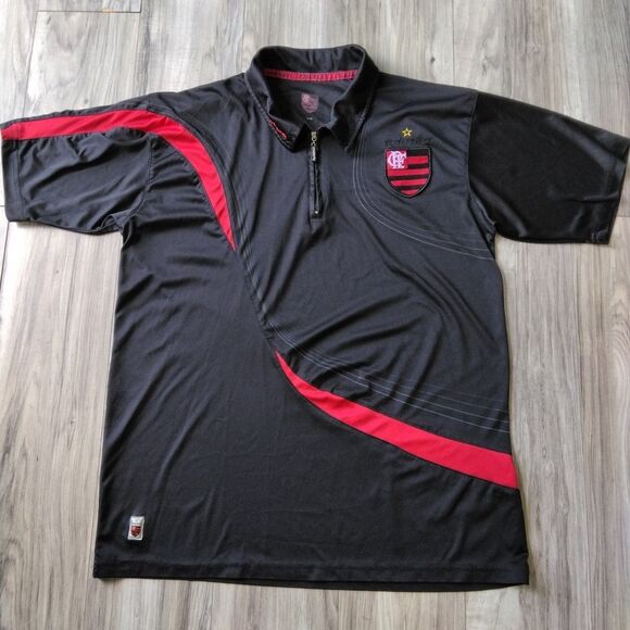 flamengo retro jersey Zip Neck Black Red Large - Picture 1 of 12